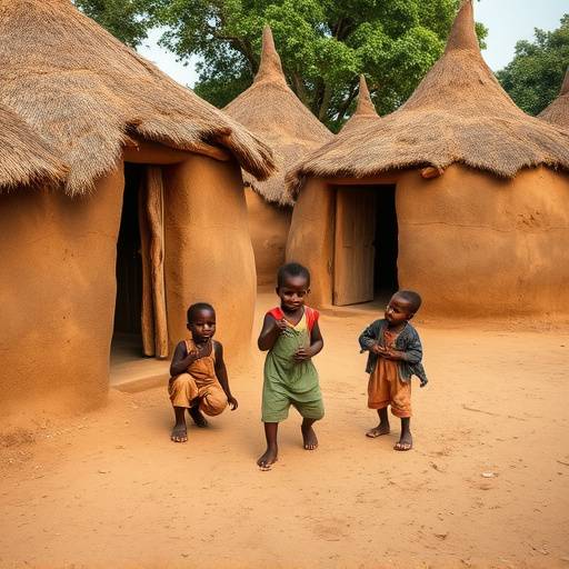 Bambini che giocano in un villaggio in Africa con case di fango sullo sfondo.