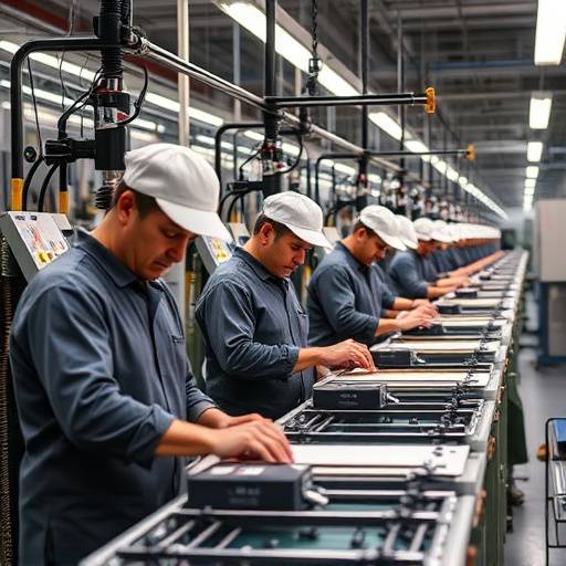 Una fabbrica italiana con operai al lavoro su una linea di produzione.