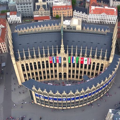 Veduta aerea del Parlamento Europeo a Bruxelles, con bandiere degli stati membri che sventolano.
